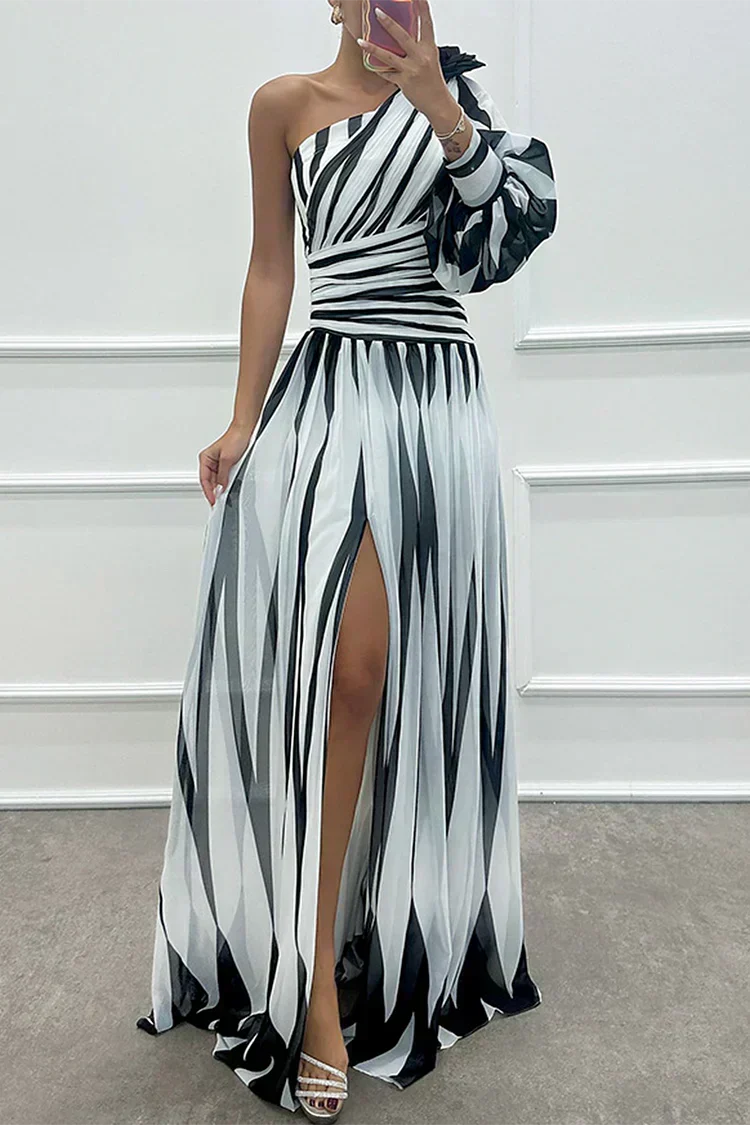 Eloá - Vestido Longo Listrado de Um Ombro Só