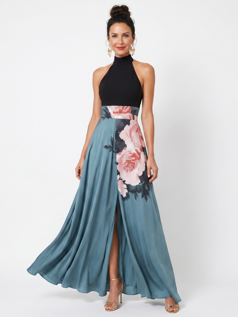 Olympas - Vestido Longo Frente Única com Saia Floral