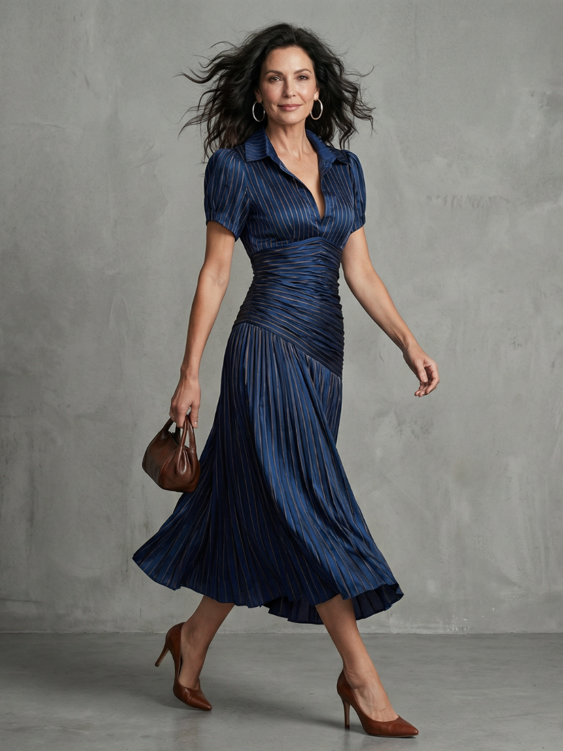 Bianca - Vestido Midi Listrado com Cintura Plissada