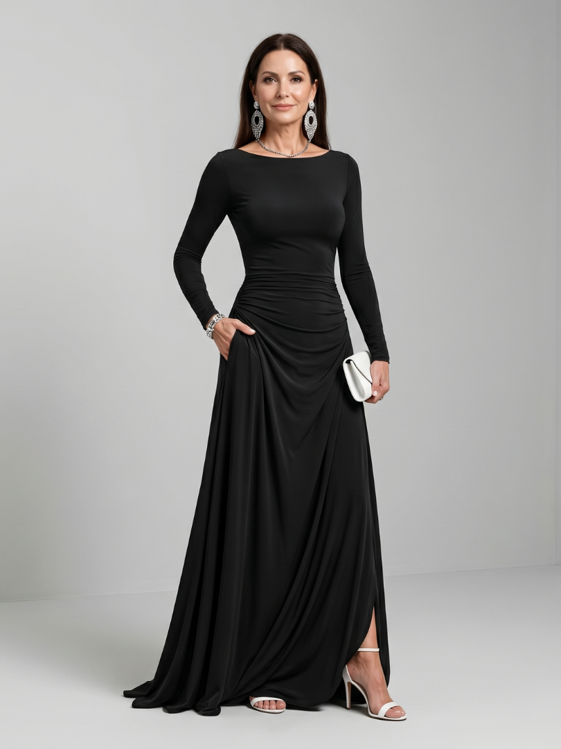 Gyram - Vestido Longo Fluido com Manga Longa e Gola Canoa