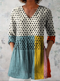 Valerie - Blusa Alongada Decote V Poá com Blocos de Cor