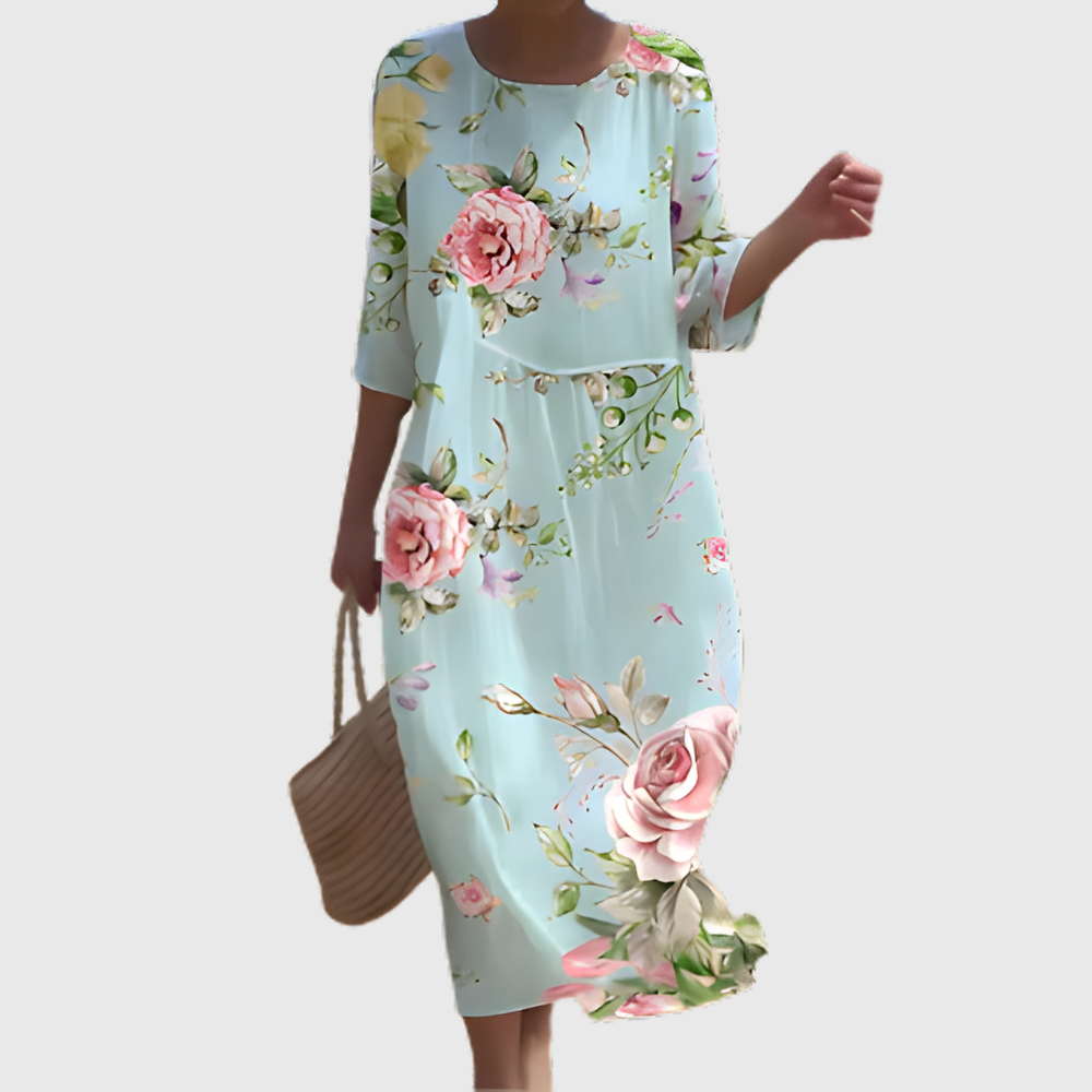 Karina - Vestido Longo Floral com Manga até o Cotovelo
