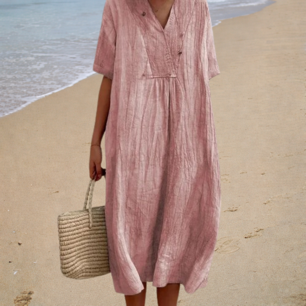 Antonela - Vestido Midi Liso com Gola V e Manga Curta