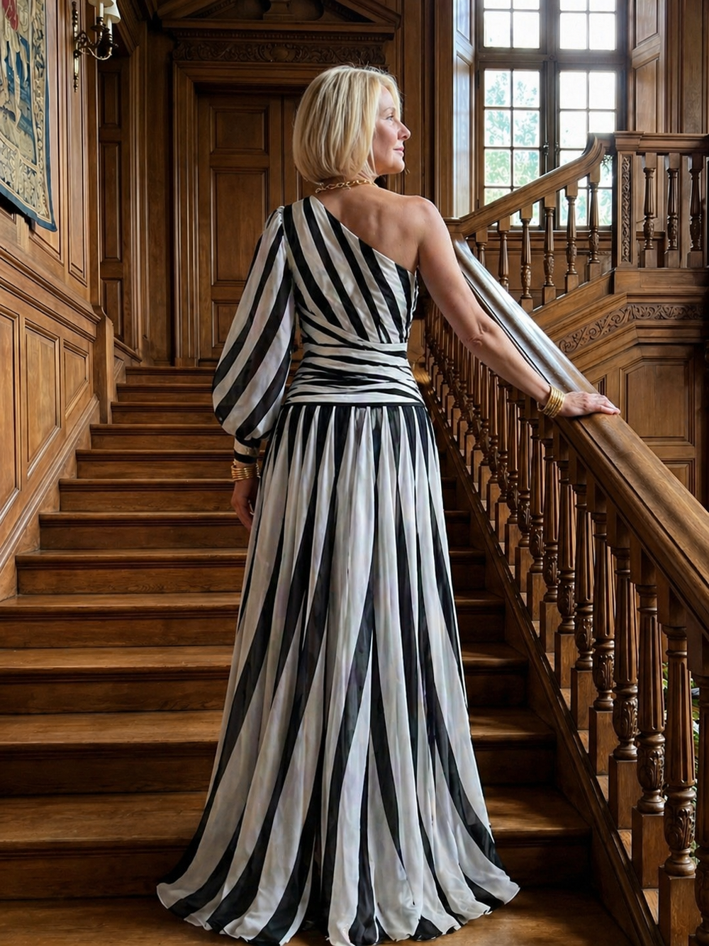 Eloá - Vestido Longo Listrado de Um Ombro Só