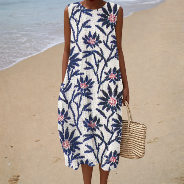 Catarina - Vestido Midi sem Manga com Estampa de Ramos Floridos