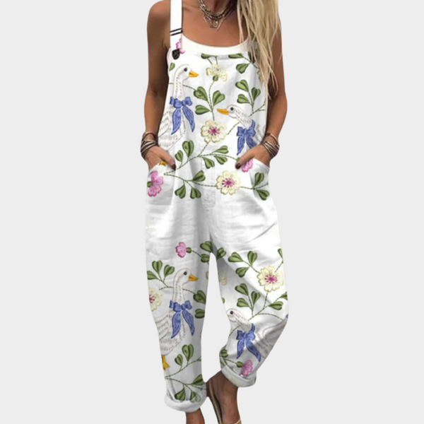 Carla - Jardineira com Estampa de Gansos e Flores