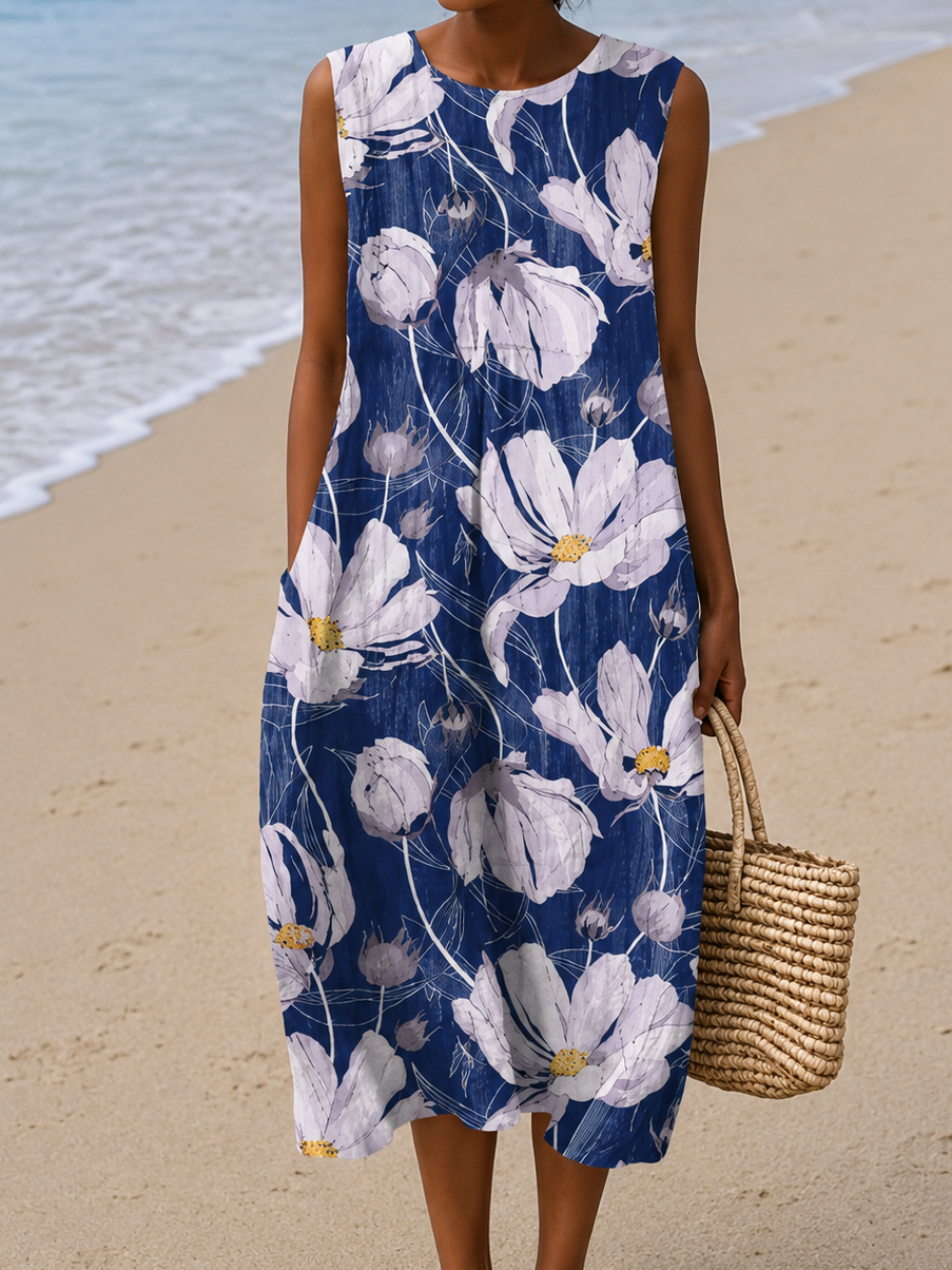 Alice - Vestido Midi de Praia Estampado Sem Mangas