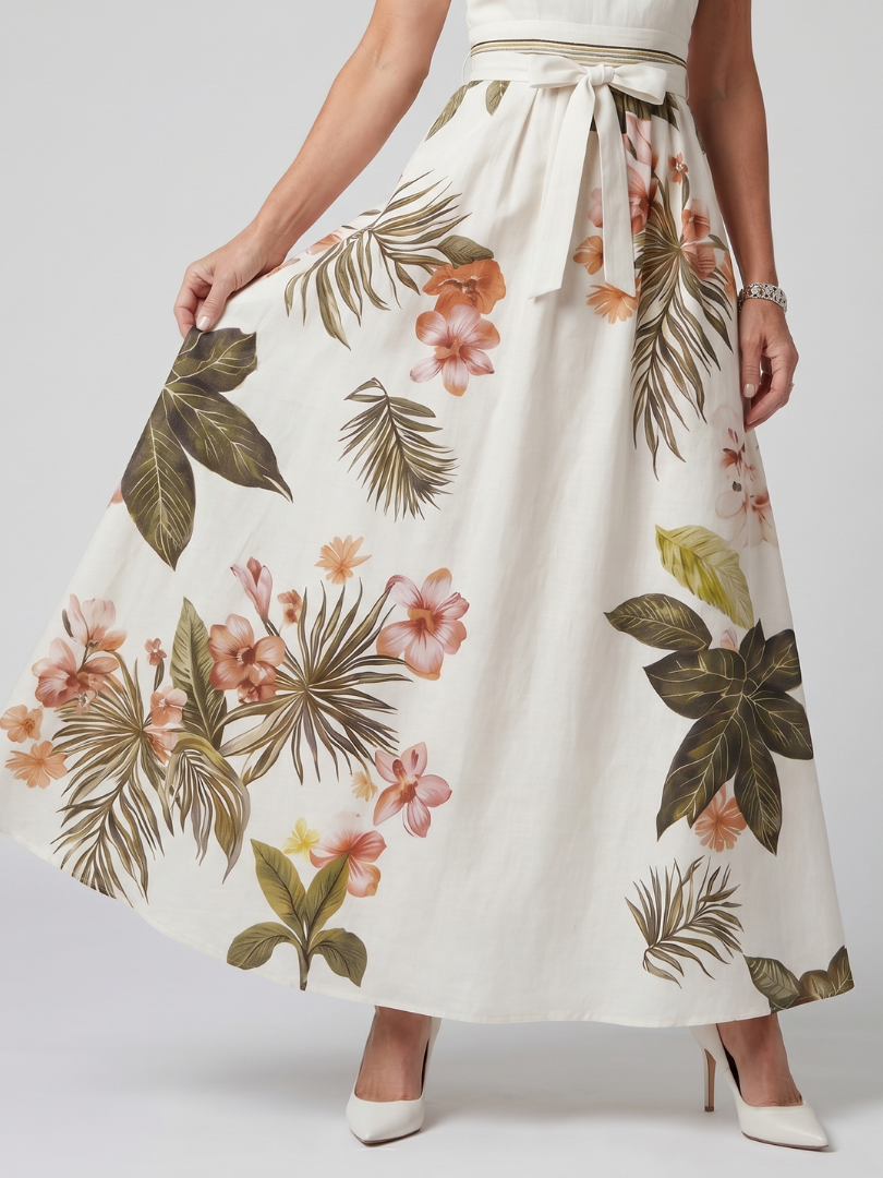 Meadow - Vestido Longo Frente Única Drapeado com Estampa Botânica