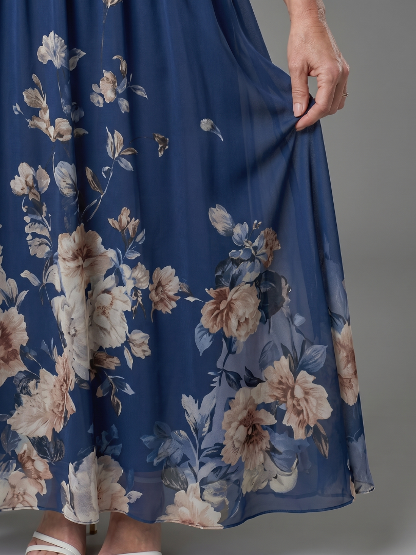 Clarissa - Vestido Midi Sem Mangas com Decote V e Barra Floral