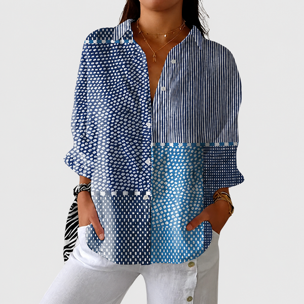 Lívia - Camisa com Estampa de Poás e Listras em Patchwork