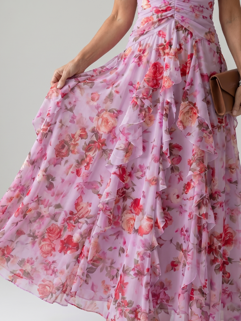 Nori - Vestido Longo Floral Frente Única com Busto Franzido