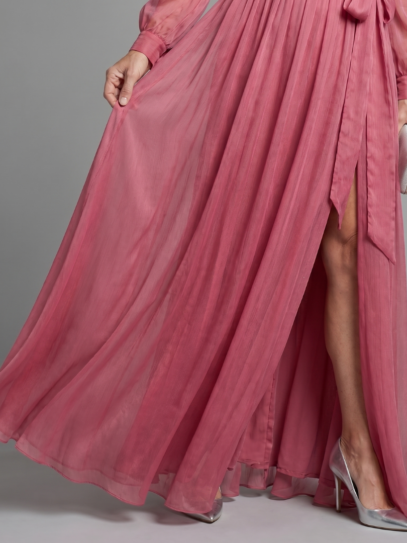 Meredith - Vestido Longo Envelope Fluido de Manga Longa