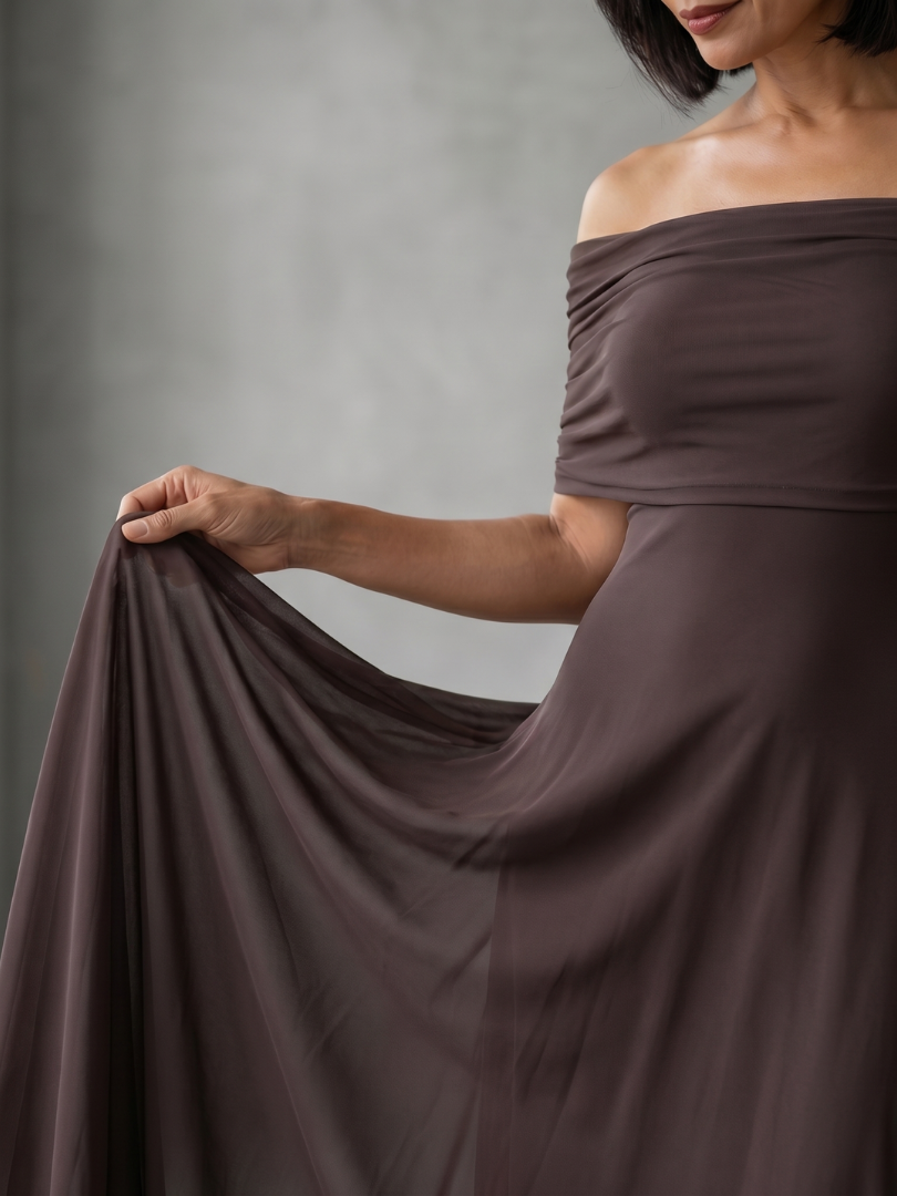 June - Vestido Midi Ombro a Ombro Drapeado