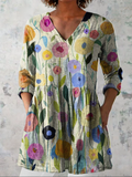 Louise - Blusa Alongada Decote V Flores Redondas de Haste Longa