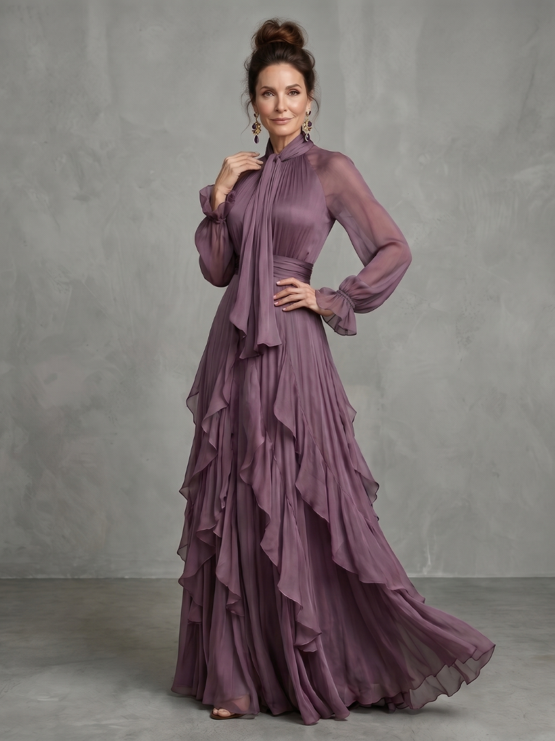 Demetria - Vestido Longo em Camadas com Babados e Laço