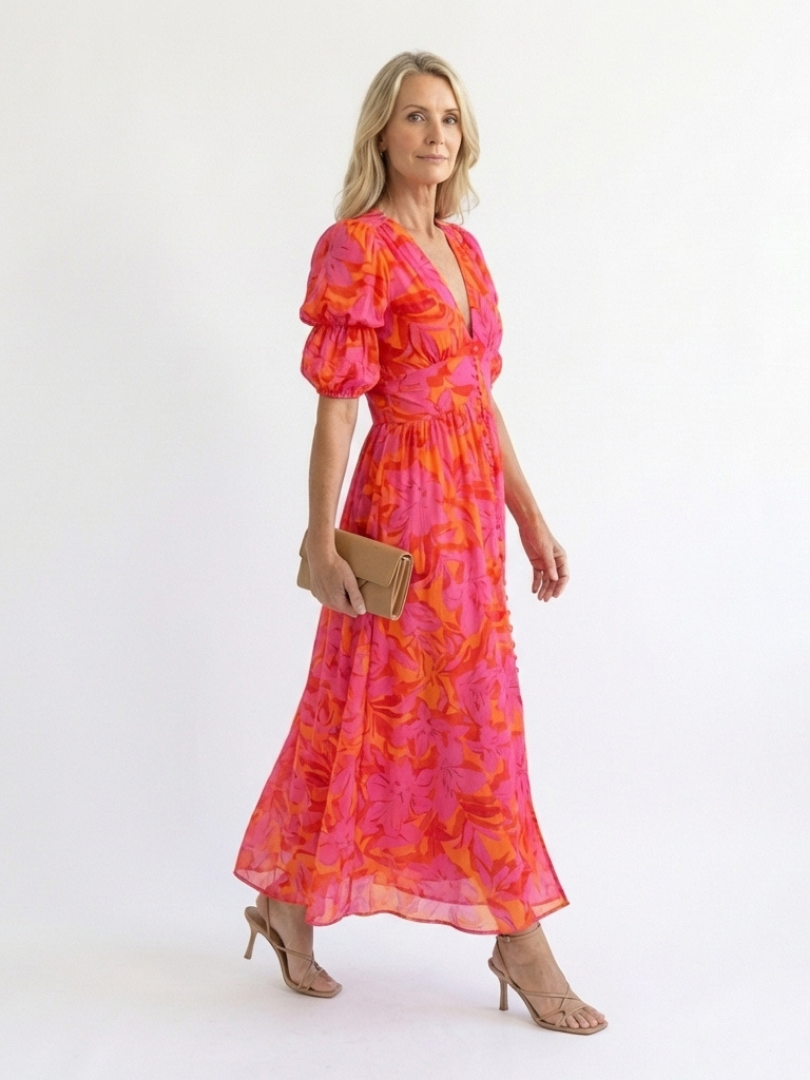 Carla - Vestido Midi Floral com Decote V e Manga Bufante