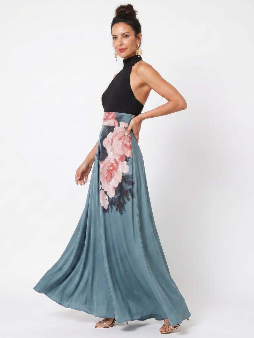 Olympas - Vestido Longo Frente Única com Saia Floral