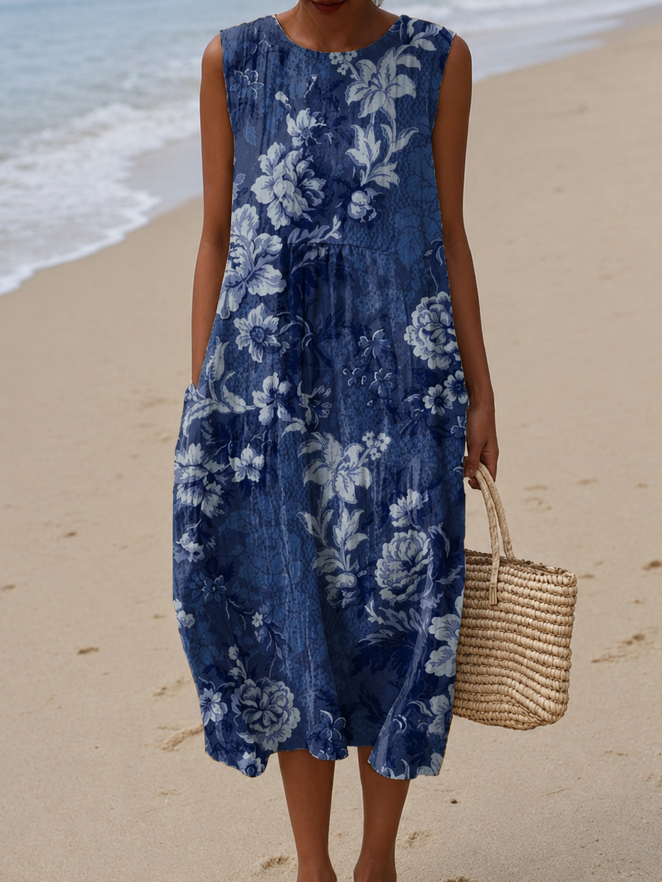 Sadie - Vestido Midi de Praia Estampado Sem Mangas