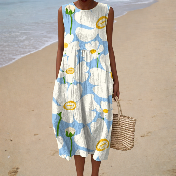 Eliane - Vestido Midi sem Manga com Flores Grandes
