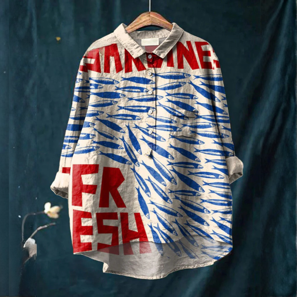 Bárbara - Blusa com Estampa de Sardinhas e Letreiro