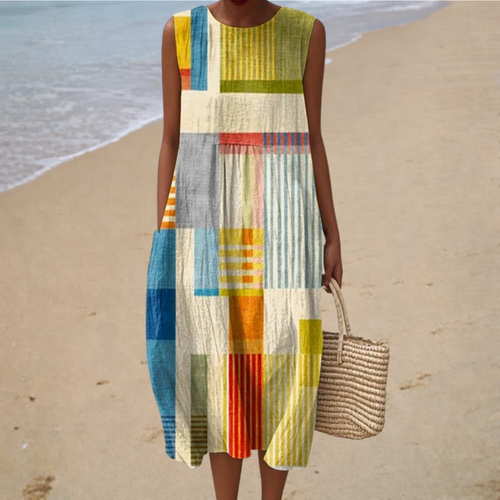 Andressa - Vestido Midi Sem Manga com Estampa Geométrica