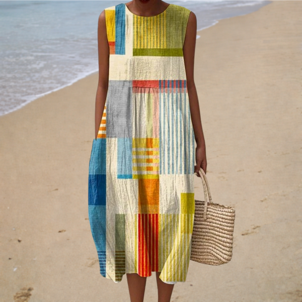 Andressa - Vestido Midi Sem Manga com Estampa Geométrica
