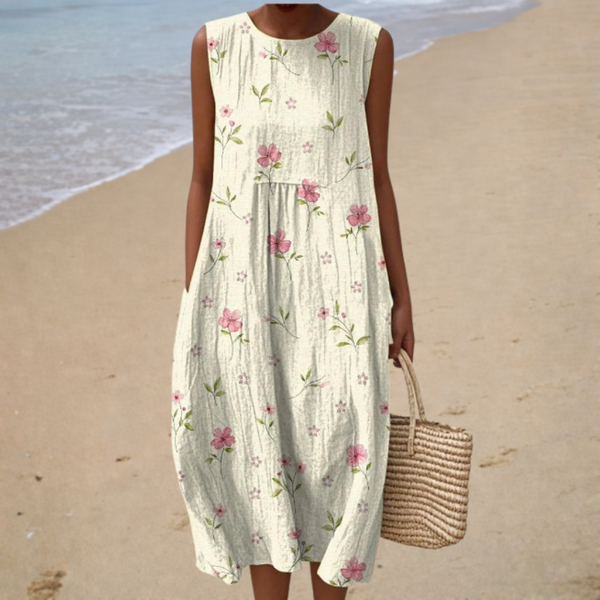 Ingrid - Vestido Midi Sem Manga com Flores Delicadas