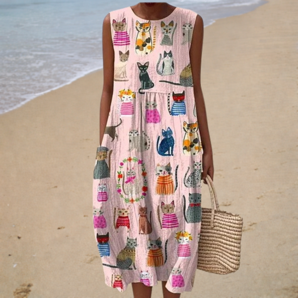 Cecília - Vestido Midi sem Manga com Estampa de Gatos