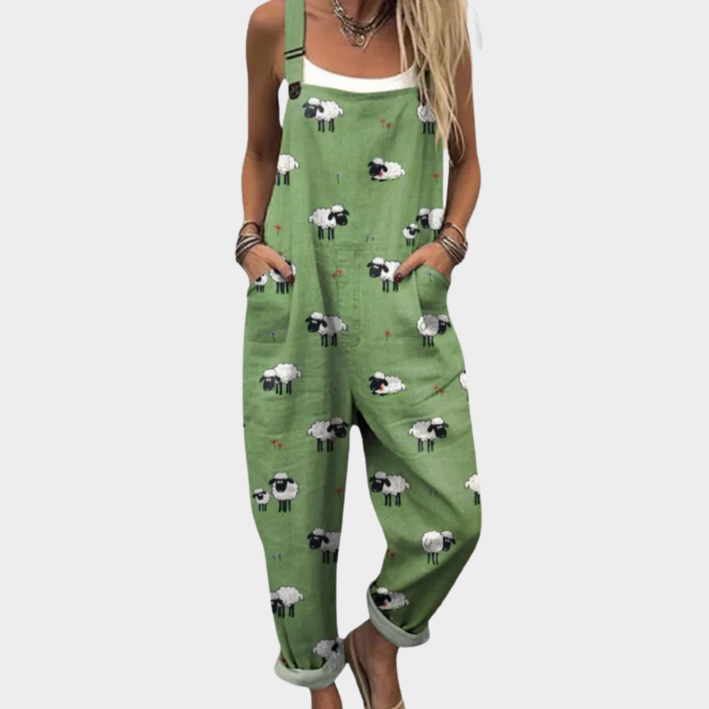 Giovana - Jardineira Estampada de Ovelhas com Pernas Largas