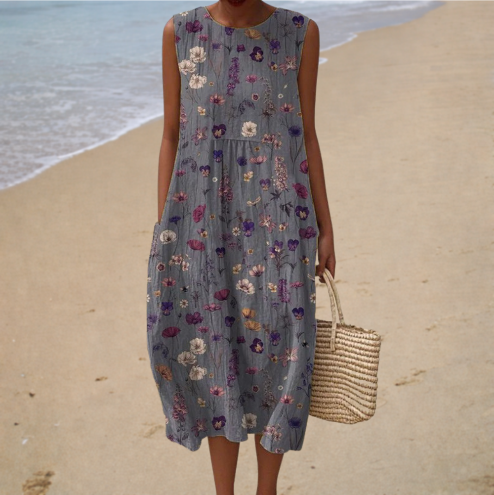 Kátia - Vestido Midi Sem Manga com Estampa de Flores Miúdas