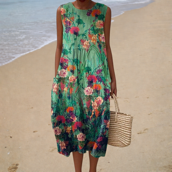 Aline - Vestido Midi Floral Sem Manga com Decote Redondo