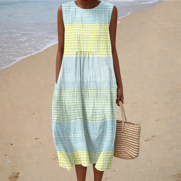 Jaqueline - Vestido Midi Xadrez Sem Manga com Gola Redonda