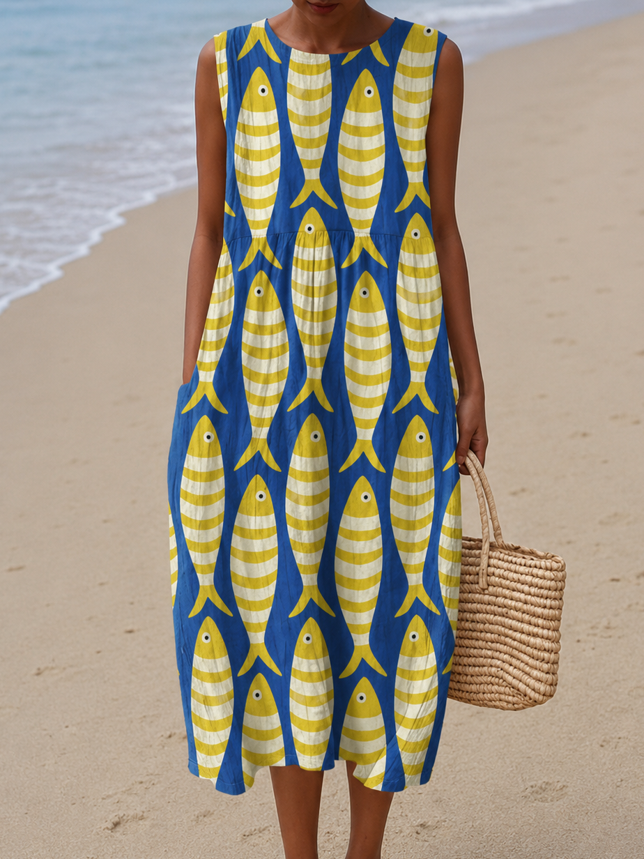 Victoria - Vestido Midi Estampado Sem Mangas