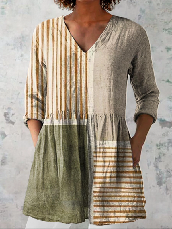 Camille - Blusa Alongada Decote V Listras e Blocos Lisos