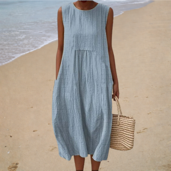 Alícia - Vestido Midi Sem Manga com Bolsos Aparentes