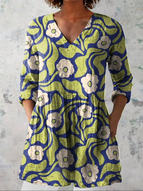Elodie - Blusa Alongada Decote V Floral Retrô Ondulado