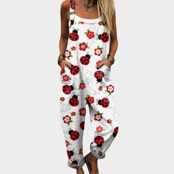 Graziela - Jardineira Estampada de Joaninhas e Flores