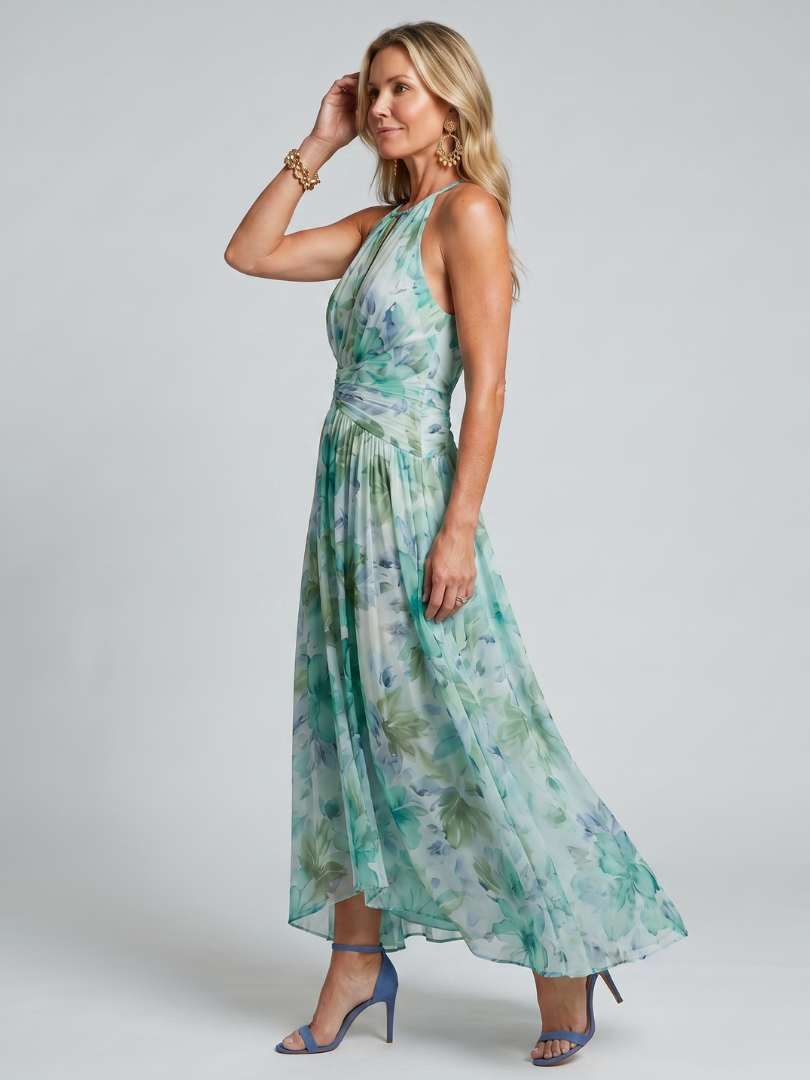 Portia - Vestido Midi Plissado Frente Única com Floral Suave