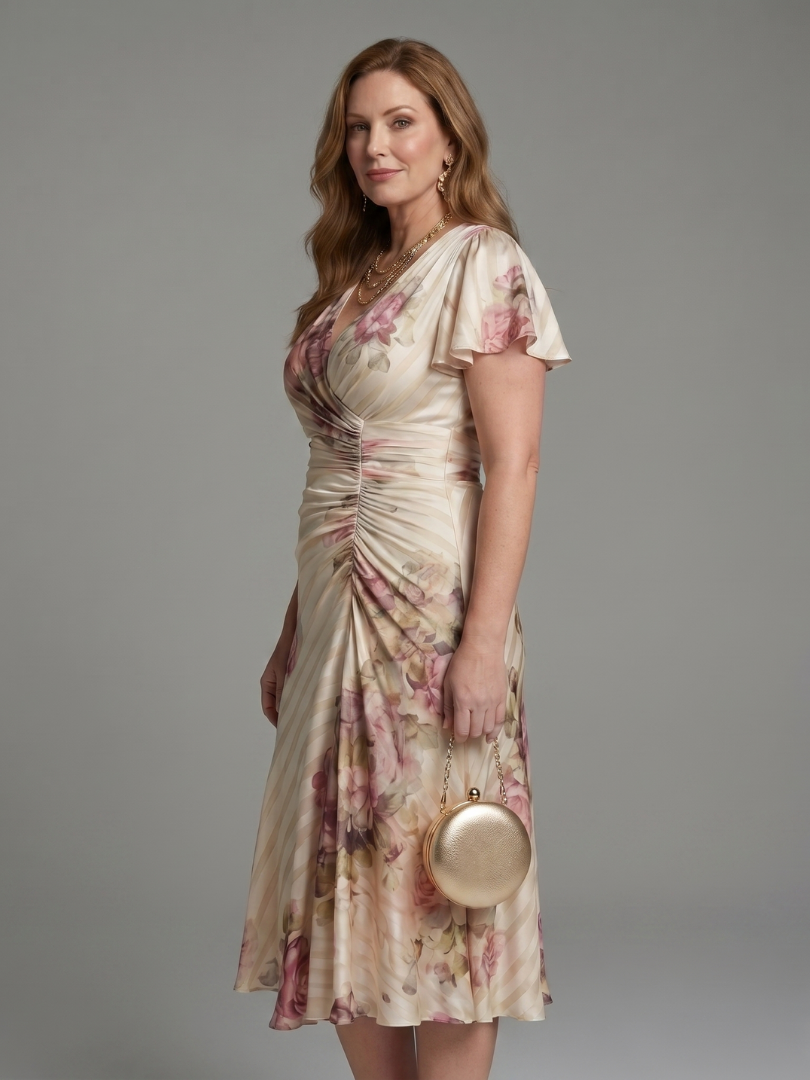 Katarina - Vestido Midi Envelope Floral Listrado com Manga Borboleta