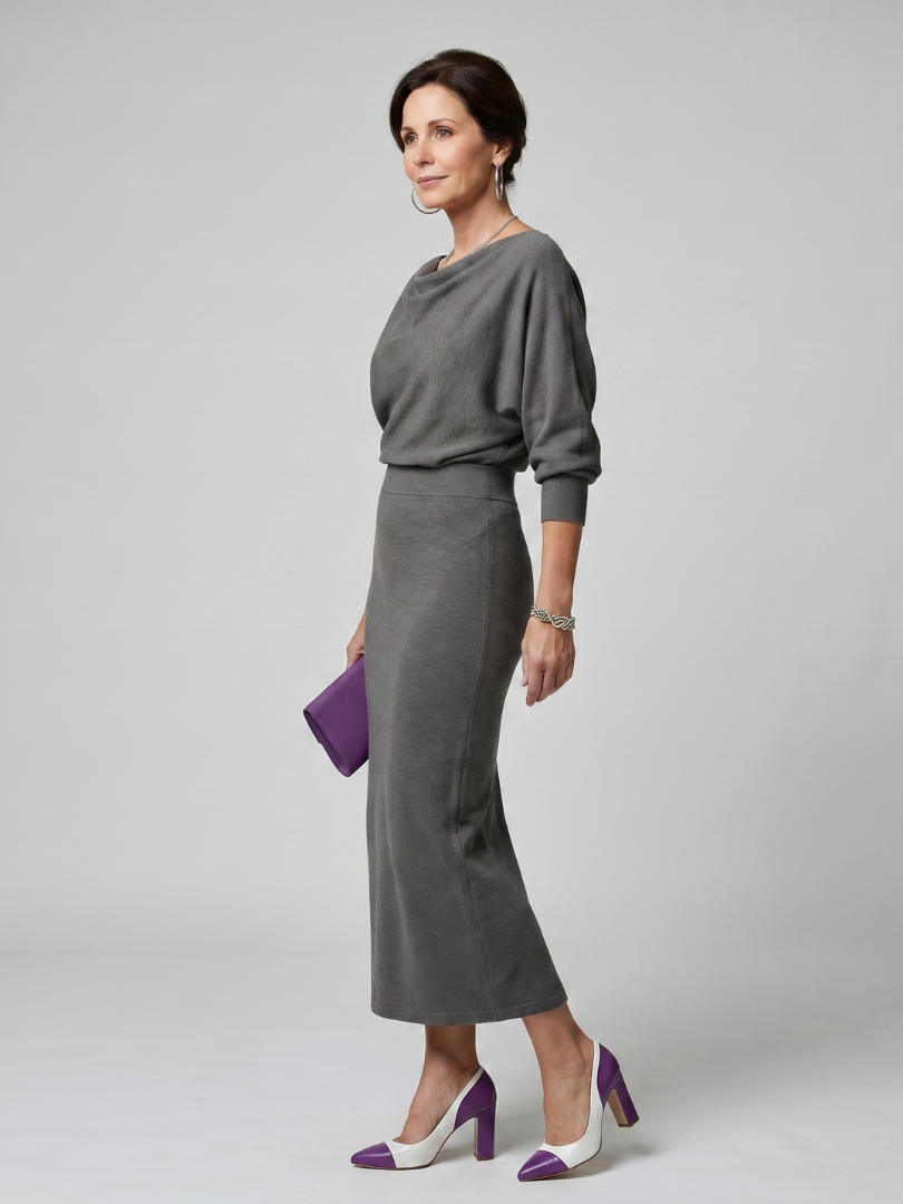 Romy - Vestido Midi com Decote Drapeado e Saia Ajustada