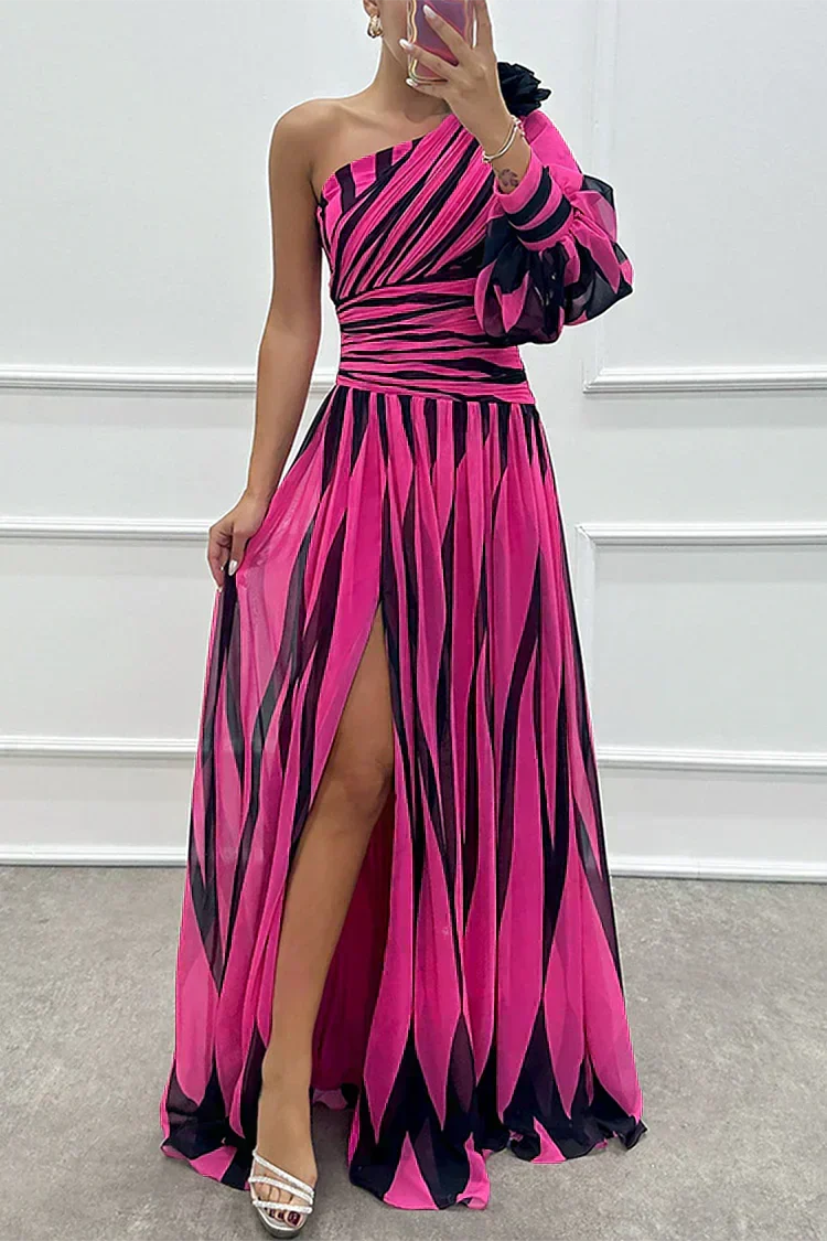 Eloá - Vestido Longo Listrado de Um Ombro Só