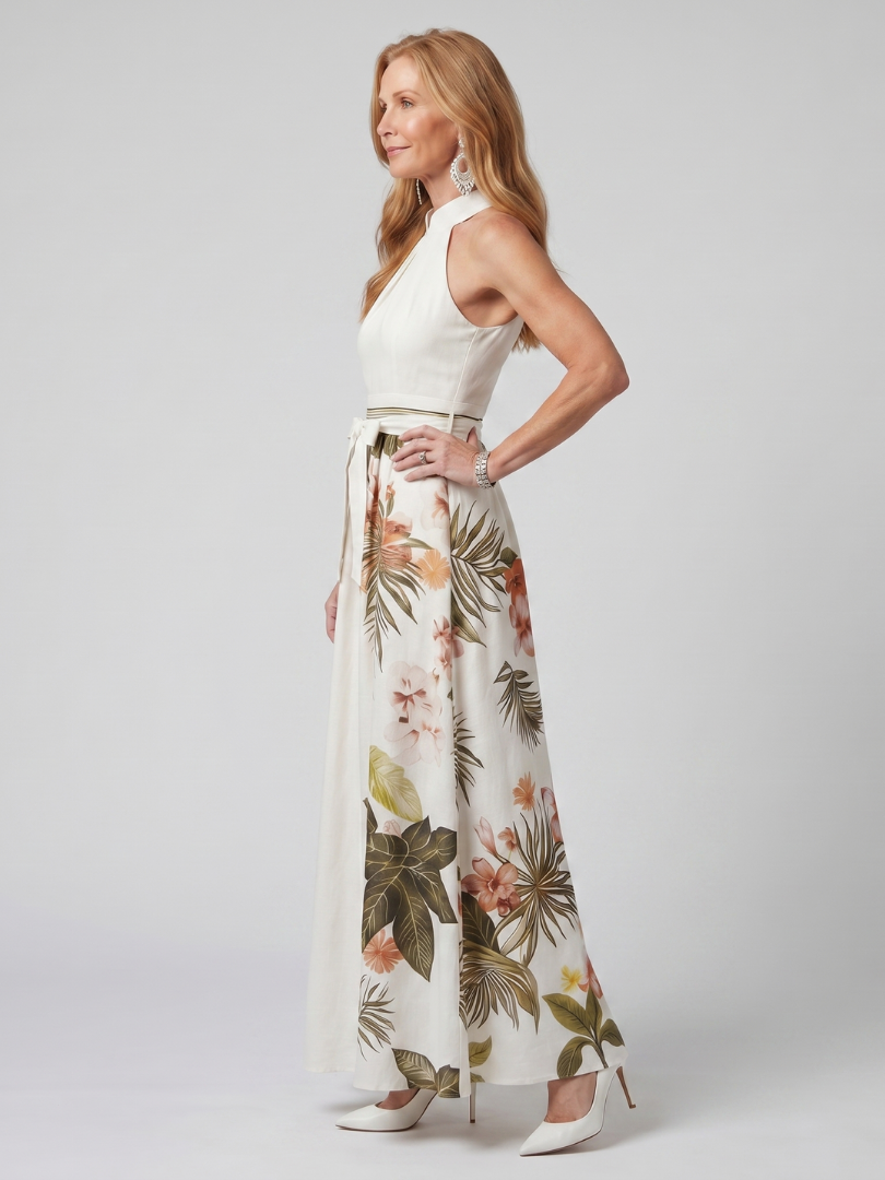 Meadow - Vestido Longo Frente Única Drapeado com Estampa Botânica
