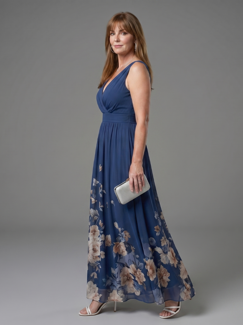 Clarissa - Vestido Midi Sem Mangas com Decote V e Barra Floral