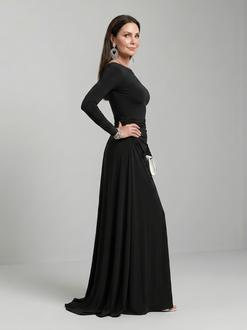 Gyram - Vestido Longo Fluido com Manga Longa e Gola Canoa