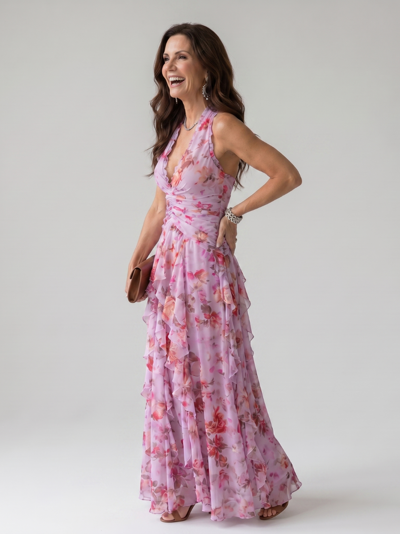 Nori - Vestido Longo Floral Frente Única com Busto Franzido