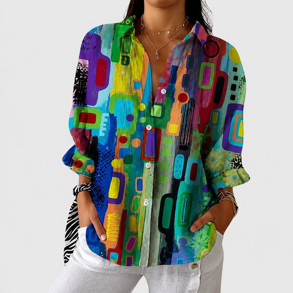 Mirela - Blusa com Estampa Abstrata de Formas Coloridas