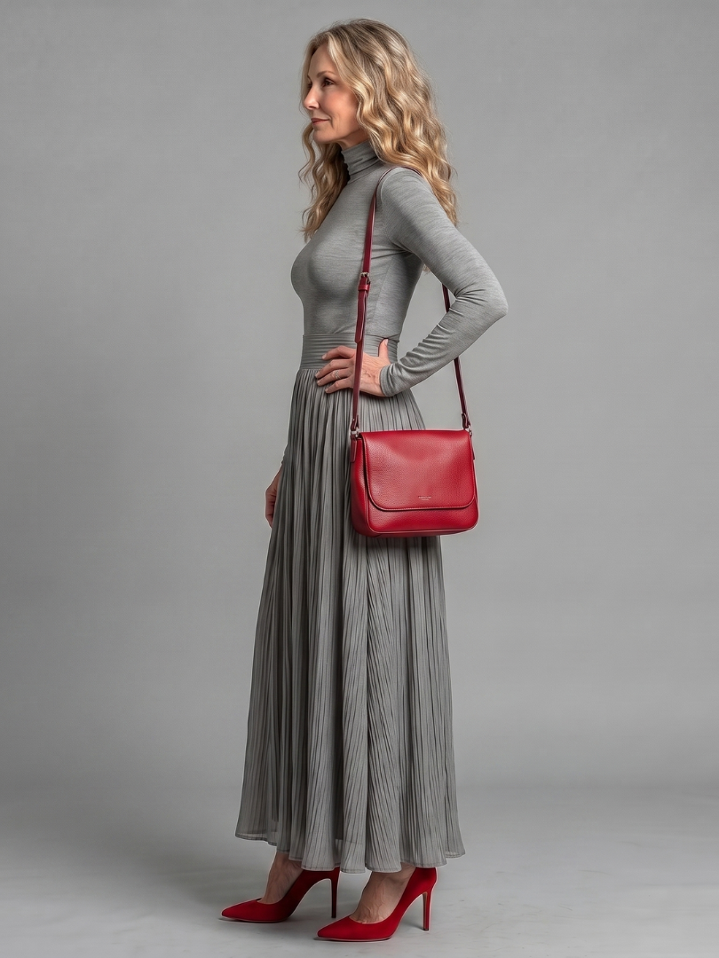 Lana - Vestido Midi de Manga Longa com Gola Alta e Cintura Marcada