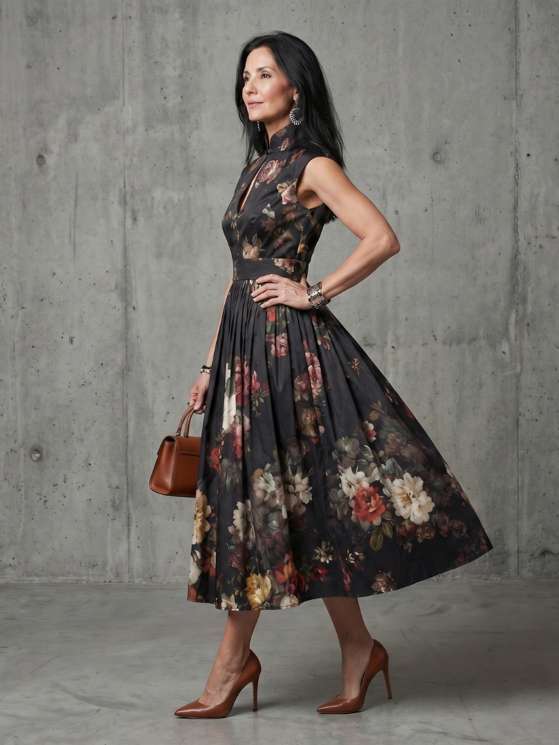 Greta - Vestido Midi Floral Plissado com Gola Alta