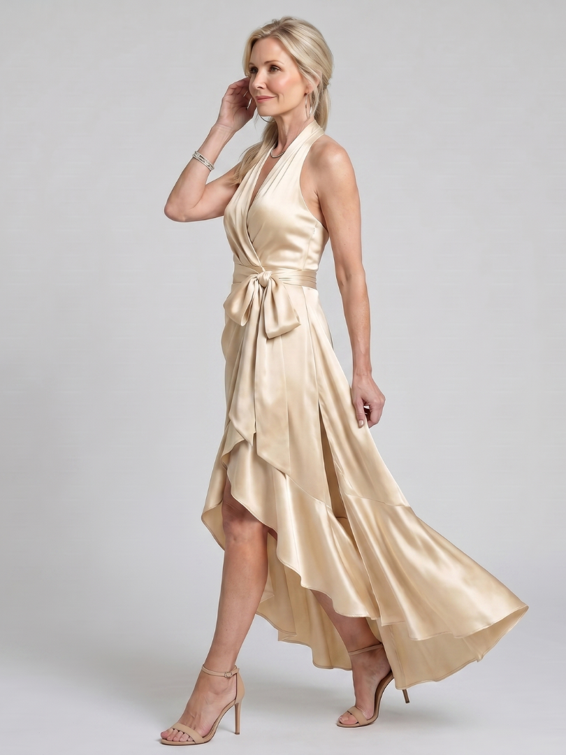 Honora - Vestido Midi Frente Única Envelope com Barra Assimétrica