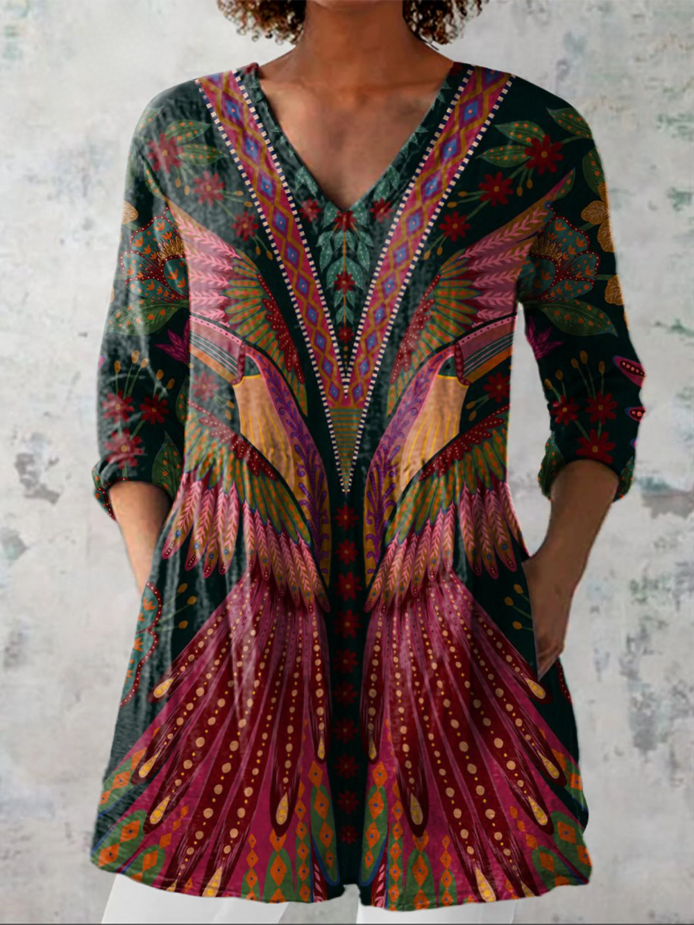 Manon - Blusa Alongada Decote V Estampa de Pássaros